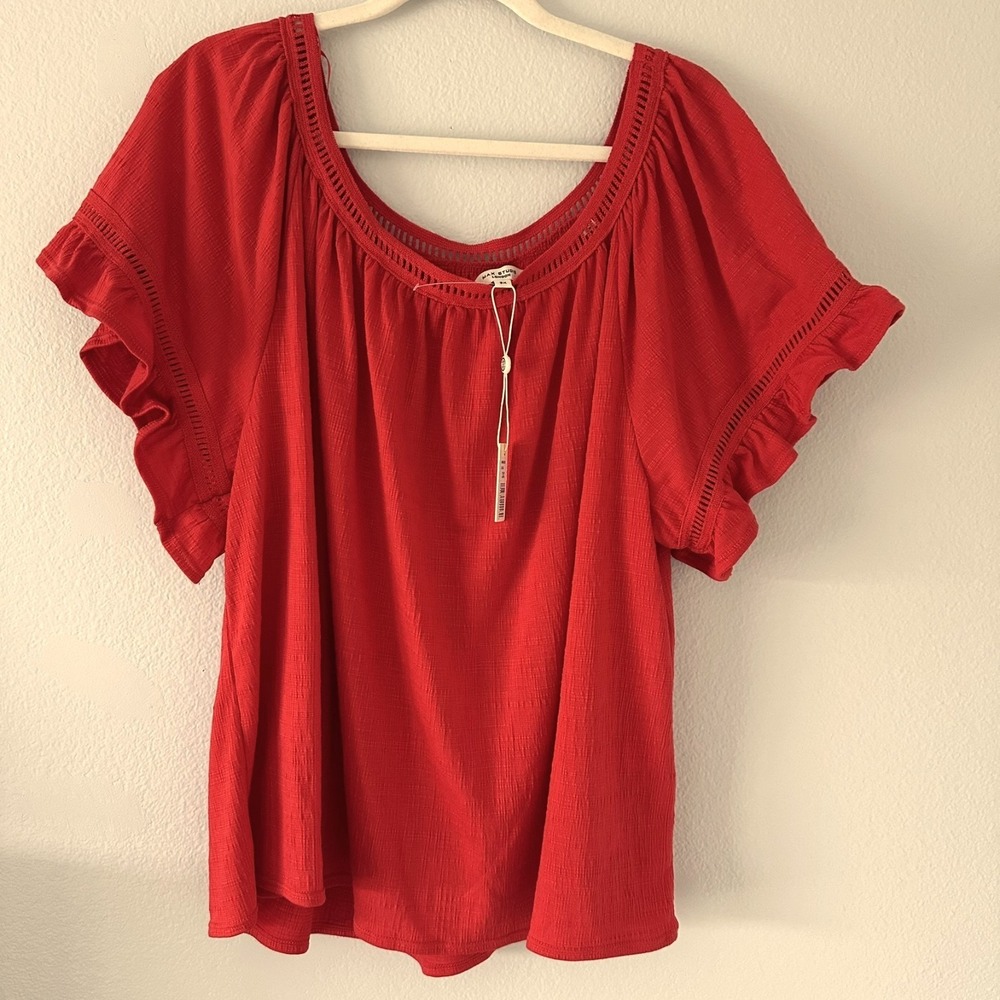 Max Studio Size-3X Women's Blouse Orange Ruffle Sleeve Peasant